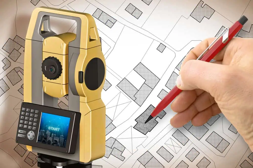 A hand holding a red pencil highlights an area on a detailed architectural map. A modern surveying device with a display screen is positioned in the foreground, suggesting a connection between technology and manual mapping.