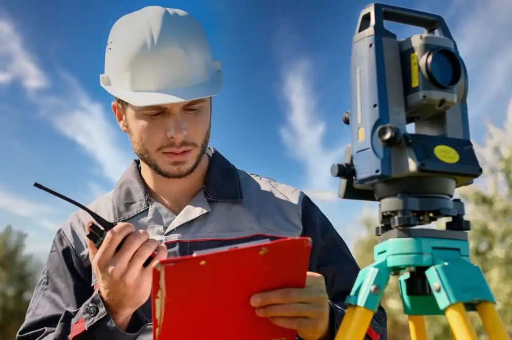 A construction worker wearing a white hard hat and gray uniform uses a walkie-talkie while holding a red clipboard. Next to him is a total station surveying instrument. The sky is clear with a few clouds.