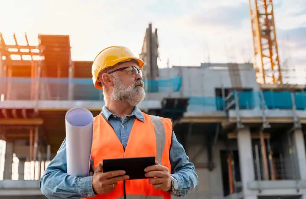 A man in a yellow hard hat and orange safety vest holds blueprints and a tablet while standing at a construction site. An unfinished building and crane are visible in the background. The sky is partly cloudy.