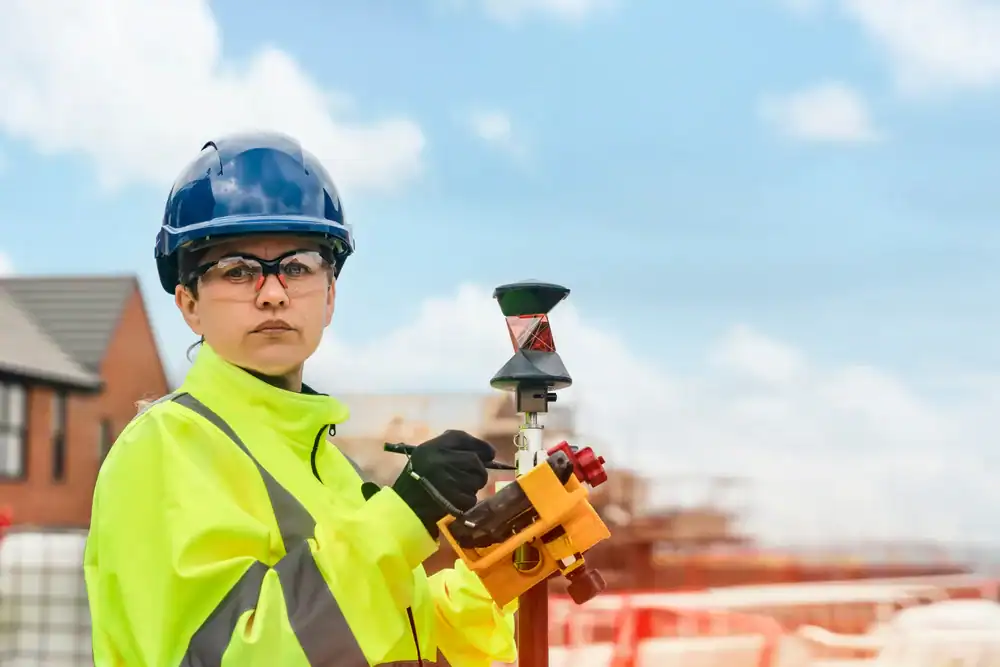 A construction worker wearing a blue hard hat, safety glasses, and a high-visibility jacket uses a surveying instrument outdoors near buildings under a partly cloudy sky.