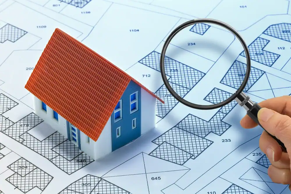 A hand holds a magnifying glass over a blueprint-style map with a miniature model house placed on it, symbolizing property search, real estate, or land planning.