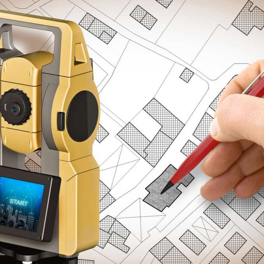 A land surveyor stands focused, utilizing a surveying instrument with a digital screen in front of a detailed map. Carefully, the surveyor marks the map with a red pen, highlighting specific areas for closer inspection.